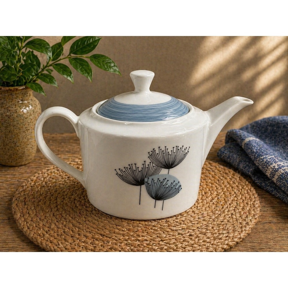 Portmeirion Sanderson Dandelion Clocks Teapot‎ White Blue Mid Century Modern MCM